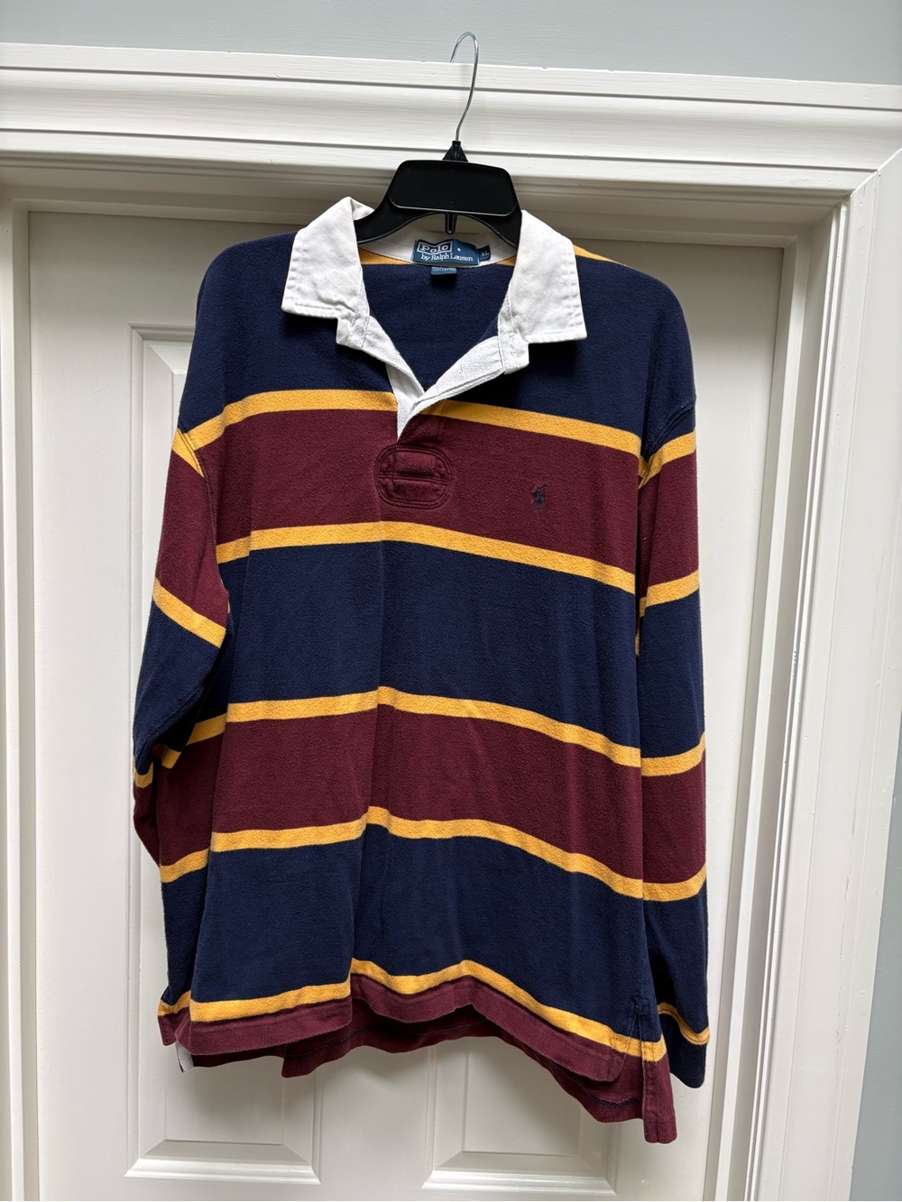 Polo by Ralph Lauren Navy, Burgundy & Gold Striped Rugby Polo